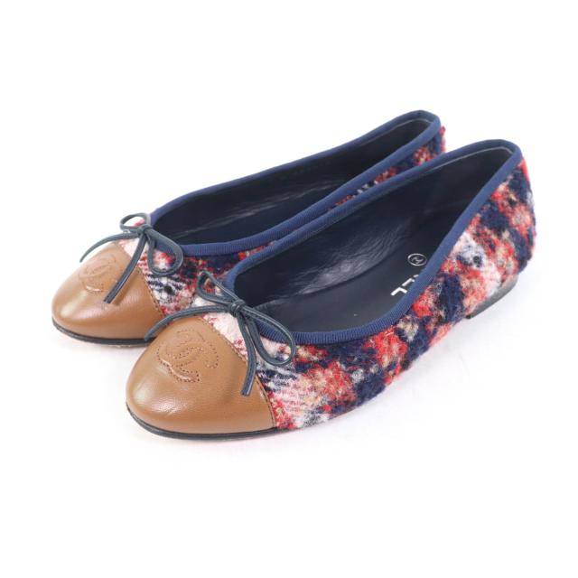 美品★CHANEL シャネル バレリーナ ココマーク リボン付 レザー使い ツイード フラットパンプス マルチ 35.5 保存袋付き 伊製 レディース