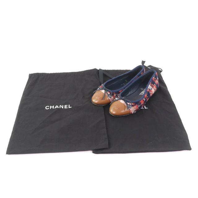 美品★CHANEL シャネル バレリーナ ココマーク リボン付 レザー使い ツイード フラットパンプス マルチ 35.5 保存袋付き 伊製 レディース_1