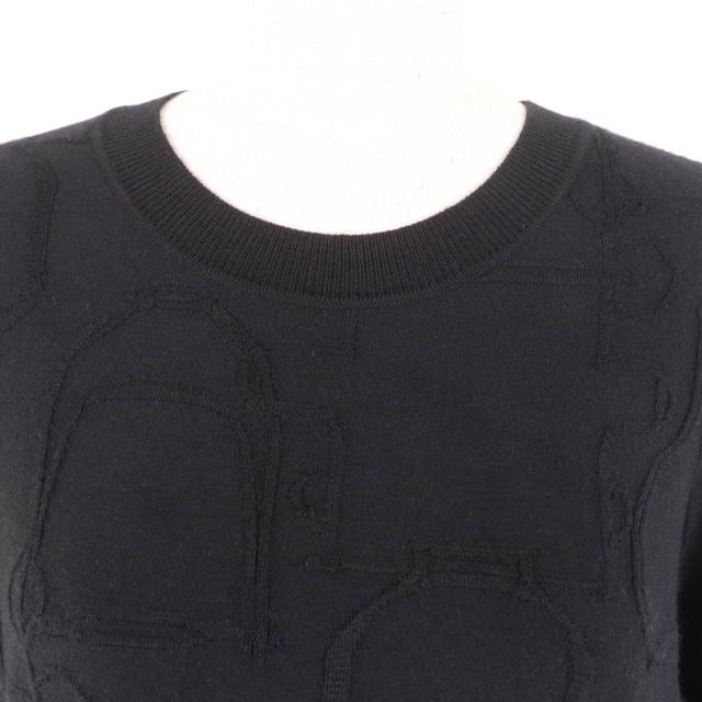 美品★HERMES エルメス シルク カシミヤ混 馬具総柄編み クルーネック 長袖 ニットワンピース ブラック 40 イタリア製 正規品 レディース_3
