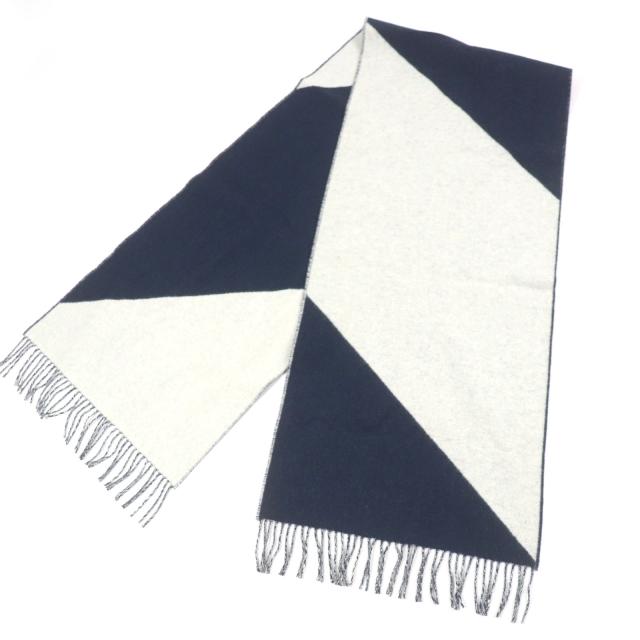 未使用]美品HERMES 青 カシミア マフラー フリンジ付き 大判ショール