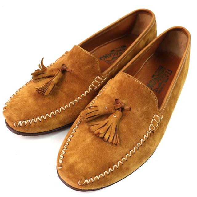 未使用品△Salvatore Ferragamo サルヴァトーレフェラガモ PERSUS スウェードレザー タッセル ローファー キャメル 8 イタリア製 メンズ