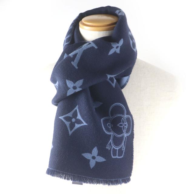 極美品□LOUIS VUITTON ルイヴィトン 2023年製 M77129 マフラー・モノグラム ヴィヴィエンヌ ウール ネイビー イタリア製 正規品 メンズ_1