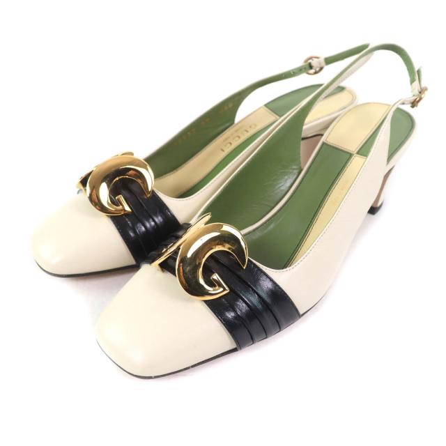 未使用品★GUCCI グッチ 572232 ハーフムーンGG バックストラップ スクエアトゥ レザー パンプス アイボリー 37 保存袋付き レディース