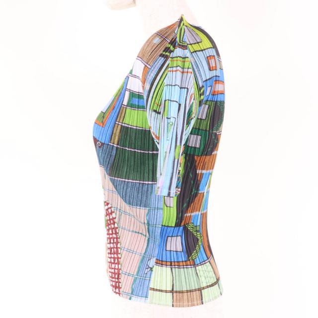 極美品☆PLEATS PLEASE プリーツプリーズ イッセイミヤケ PP14-JK142 総柄プリント 半袖 カットソー マルチ 3 日本製 正規品 レディース_1