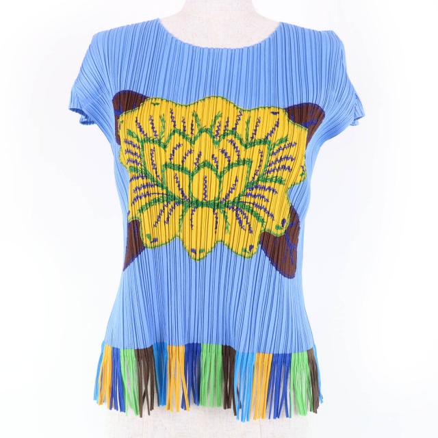 極美品☆PLEATS PLEASE プリーツプリーズ イッセイミヤケ PP91-JK572 トロピカルフラワー フリンジ付 カットソー ブルー系 3 正規品