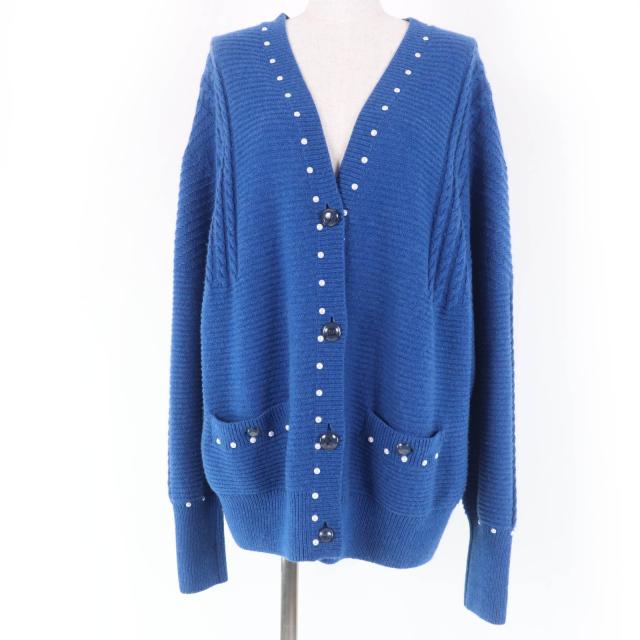 極美品☆CHANEL シャネル P53610K06955 カシミヤ混 ココボタン フェイクパール付 長袖 ニット カーディガン ブルー 38 正規品 レディース