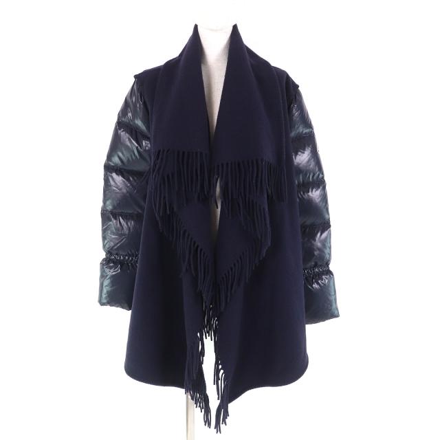 美品△MONCLER モンクレール MANTELLA ウール100％ ロゴワッペン ダウンスリーブ フリンジ ケープコート ポンチョ ネイビー S 伊製 正規品