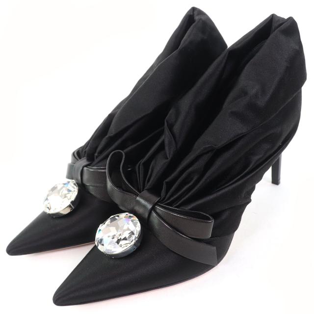 極美品△MIUMIU ミュウミュウ ビジュー・レザーリボン付き サテン パンプス ブラック 36 箱・保存袋付き イタリア製 レディース
