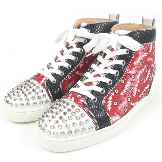 未使用品□クリスチャンルブタン Lou Spikes Orlato Flat スパイクスタッズ パイソン型押し ハイカットスニーカー レッド 40 イタリア製