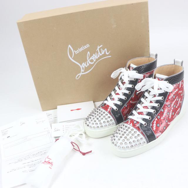未使用品□クリスチャンルブタン Lou Spikes Orlato Flat スパイクスタッズ パイソン型押し ハイカットスニーカー レッド 40 イタリア製_1