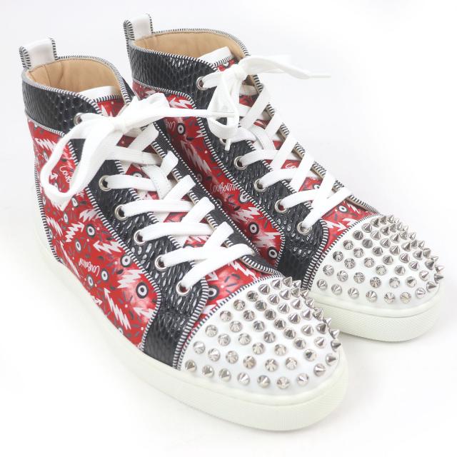 未使用品□クリスチャンルブタン Lou Spikes Orlato Flat スパイクスタッズ パイソン型押し ハイカットスニーカー レッド 40 イタリア製_2