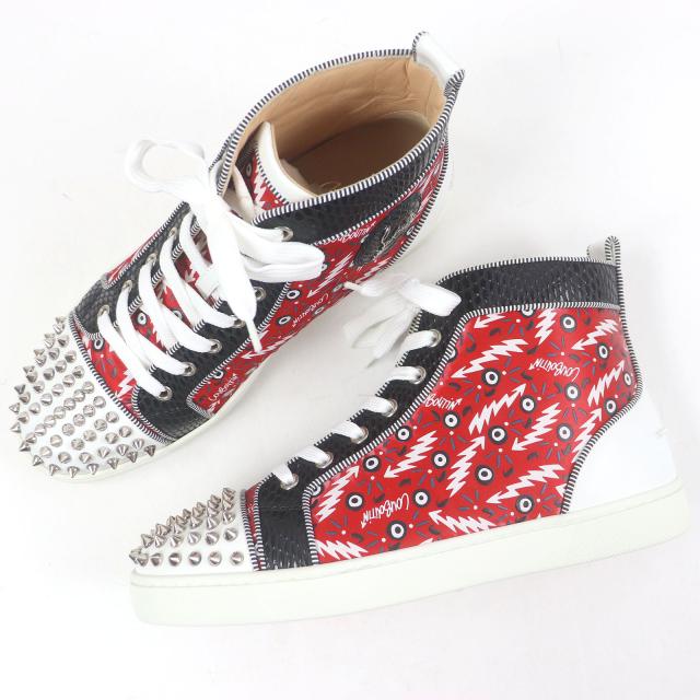 未使用品□クリスチャンルブタン Lou Spikes Orlato Flat スパイクスタッズ パイソン型押し ハイカットスニーカー レッド 40 イタリア製_3