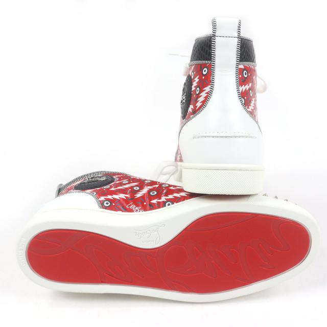 未使用品□クリスチャンルブタン Lou Spikes Orlato Flat スパイクスタッズ パイソン型押し ハイカットスニーカー レッド 40 イタリア製_4