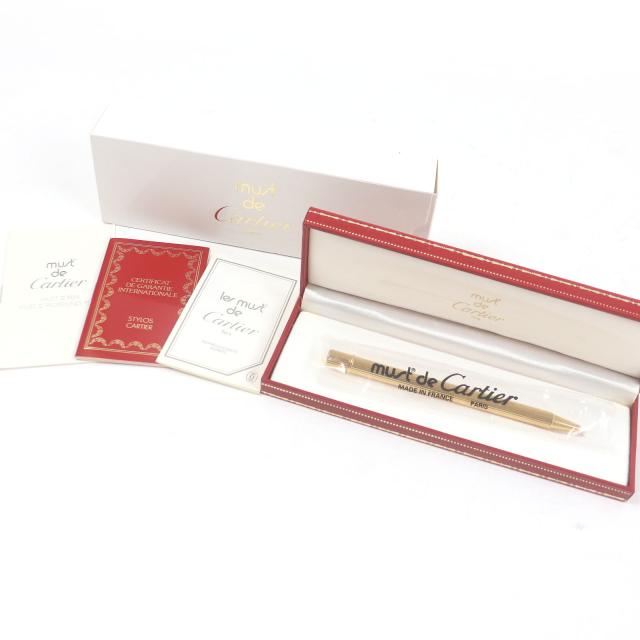 極美品□Cartier カルティエ マスト ドゥ カルティエ ツイスト式 ストライプ ボールペン ゴールド ケース付き フランス製 筆記確認済み_1