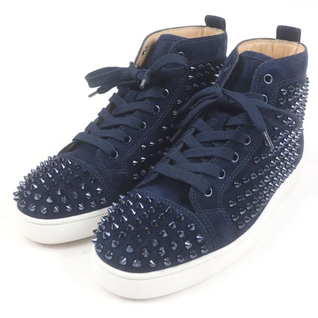 未使用品□クリスチャンルブタン 3101212 LOUIS FLAT スパイクスタッズ スウェードレザー ハイカットスニーカー 紺 40.5 イタリア製