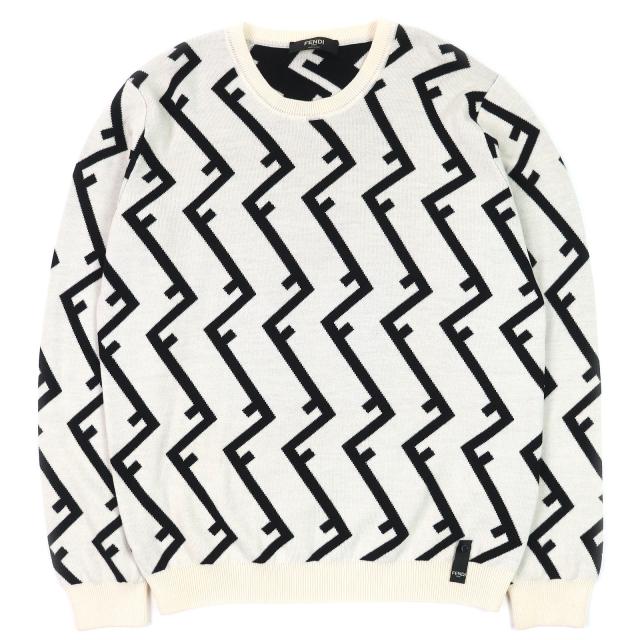 極美品△FENDI フェンディ FZZ489 ウール100％ FFモチーフ 総柄 クルーネック 長袖 ニット セーター アイボリー ブラック 54 伊製 正規品