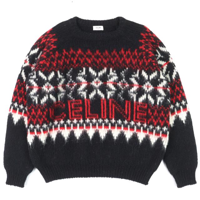 極美品△CELINE セリーヌ 22AW 2AA80628S ウール100％ フェアアイルロゴ ボクシー クルーネック 長袖 ニット ブラック レッド XS 正規品