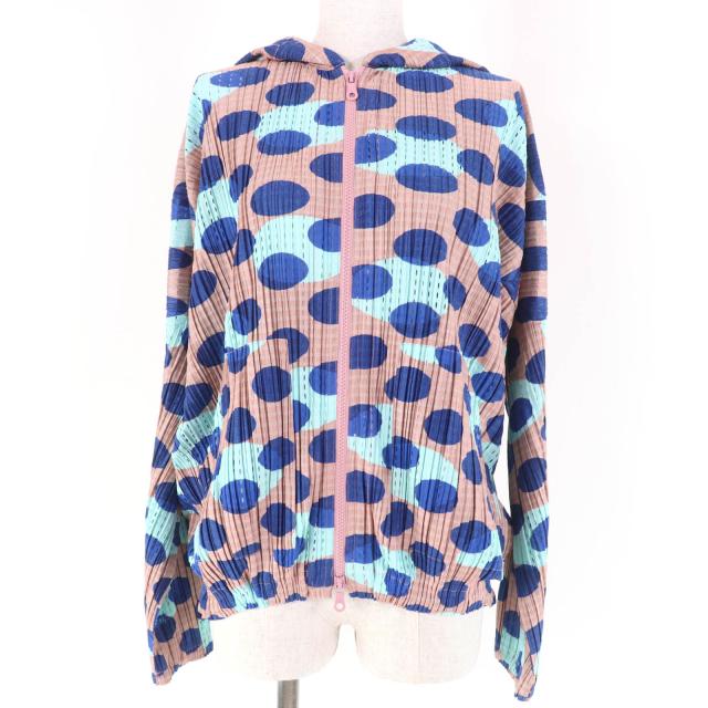 極美品☆PLEATS PLEASE プリーツプリーズ イッセイミヤケ PP31-JC661 ドット柄 ZIP UP フード付 パーカー マルチ 4 正規品 レディース