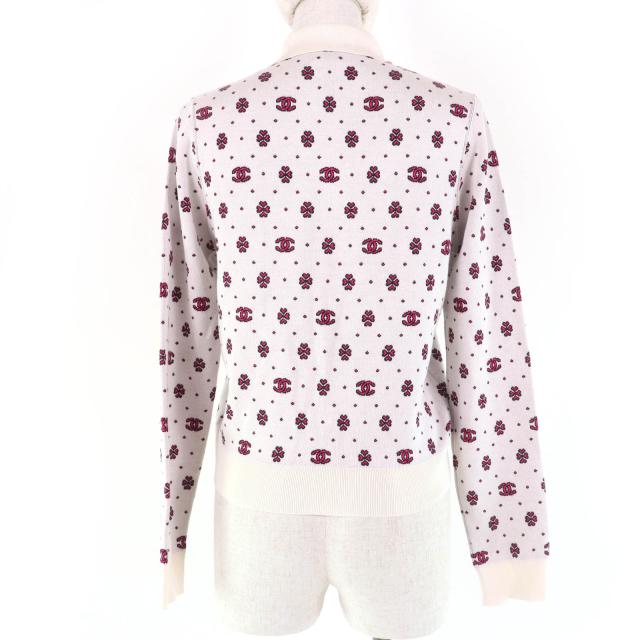 極美品☆CHANEL シャネル 23SS P74276K10699 シルク コットン ココマーク ハーフZIP ニット アイボリー ピンク 36 正規品 レディース_2