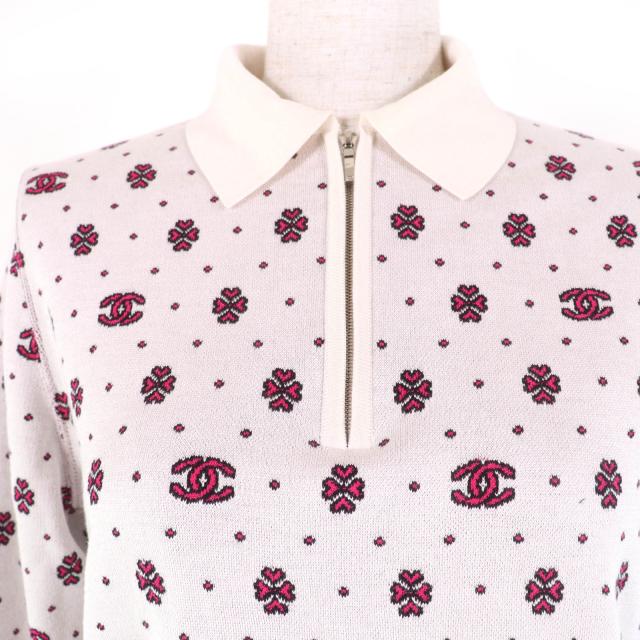 極美品☆CHANEL シャネル 23SS P74276K10699 シルク コットン ココマーク ハーフZIP ニット アイボリー ピンク 36 正規品 レディース_3