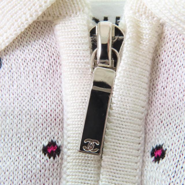 極美品☆CHANEL シャネル 23SS P74276K10699 シルク コットン ココマーク ハーフZIP ニット アイボリー ピンク 36 正規品 レディース_4
