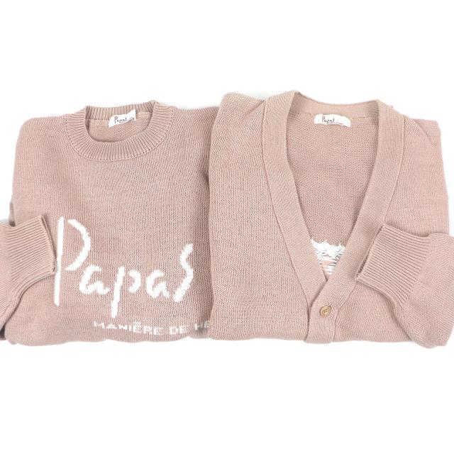 美品□Papas パパス コットン100% ロゴ入り ロングスリーブ セーター ニットカーディガン 2点セット ピンク Sサイズ相当 正規品 メンズ