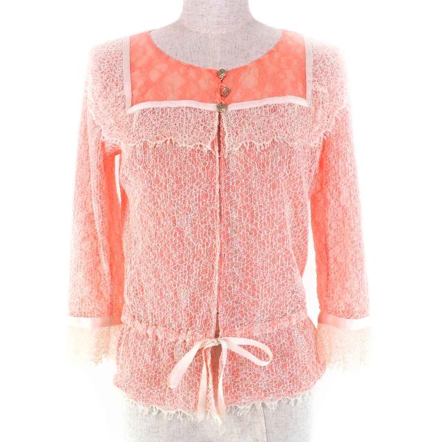 美品△CHANEL シャネル P38256 ココマークボタン リボンベルト 総レース カーディガン ボレロ サーモンピンク ホワイト 36 イタリア製