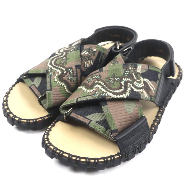 極美品▼VALENTINO ヴァレンティノ TK905 レザー キャンバス 龍刺繍 ストラップ クロス フラット サンダル ブラック カーキ 40 メンズ