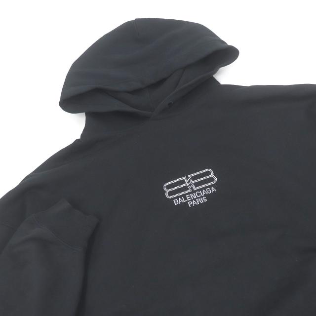 美品□BALENCIAGA バレンシアガ 22AW 578135 コットン100％ BBロゴ ラインストーン プルオーバー パーカー ブラック XS 正規品 メンズ