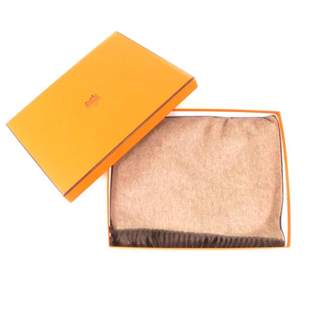 美品】エルメス カシミヤ100% 刺繍ロゴ 大判ストール オレンジ