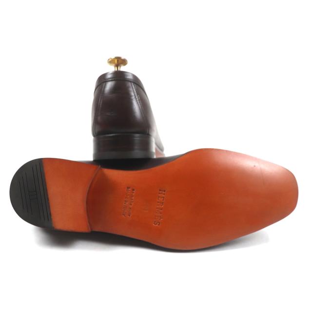 極美品▼HERMES エルメス ロゴ入り スクエアトゥ レザーシューズ ローファー ダークブラウン 40 箱・保存袋付き イタリア製 メンズ 極美品▽HERMES エルメス ロゴ入り スクエアトゥ レザーシューズ