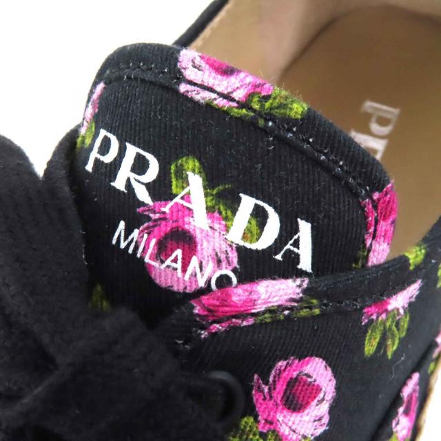 未使用品△PRADA プラダ 1E988L GABARDINE ギャバジン キャンバス 花柄 エスパドリーユ レースアップ スニーカー ブラック ピンク系 36.5_8