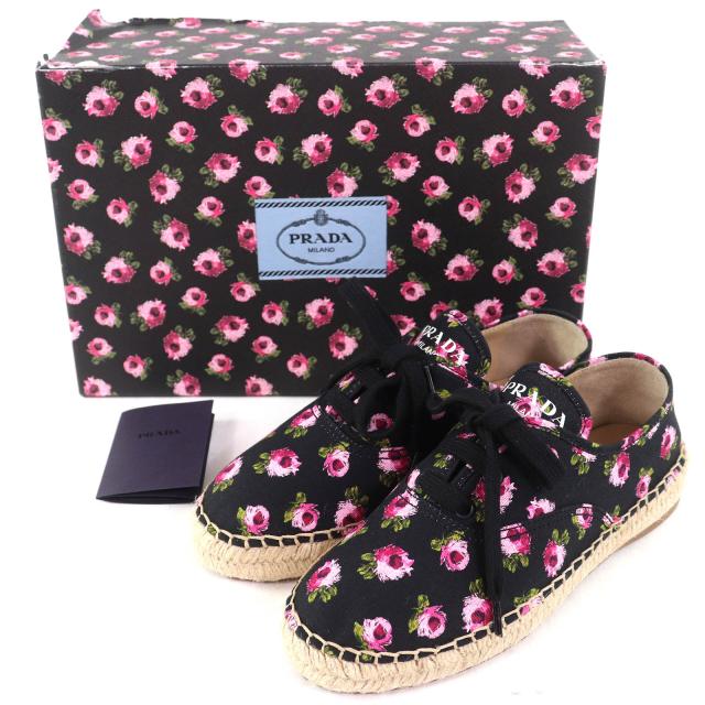 未使用品△PRADA プラダ 1E988L GABARDINE ギャバジン キャンバス 花柄 エスパドリーユ レースアップ スニーカー ブラック ピンク系 36.5_1