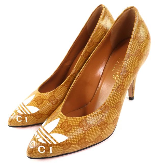 未使用品△GUCCI×adidas グッチ×アディダス 712221 トレフォイル ロゴ ポインテッドトゥ GG クリスタル パンプス キャメル系 35 袋付き