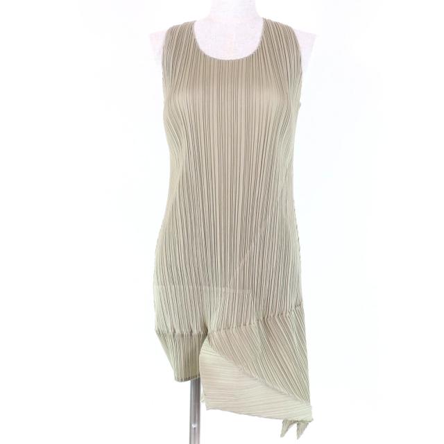 極美品☆PLEATS PLEASE プリーツプリーズ イッセイミヤケ PP71-JK208 アシンメトリー ノースリーブ ワンピース ベージュ 3 正規品