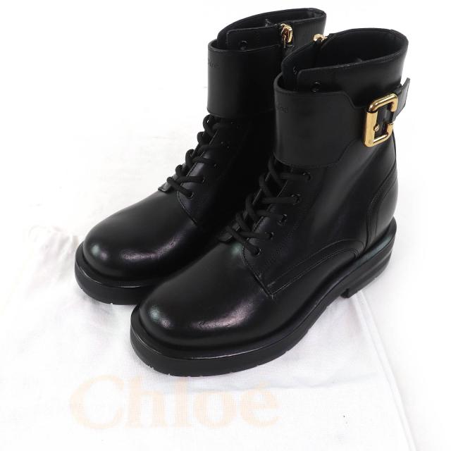 極美品△Chloe クロエ CODDINGTON ロゴ型押し サイドジップ レースアップ レザー アンクルブーツ ショートブーツ ブラック 36 保存袋付き_1