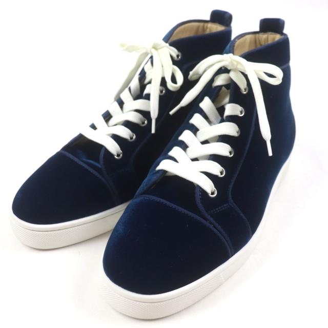 極美品▼クリスチャンルブタン LOUIS ORLATO FLAT ベルベット ベルベット ロゴ金具 ハイカットスニーカー ブルー 40 箱・保存袋付 メンズ