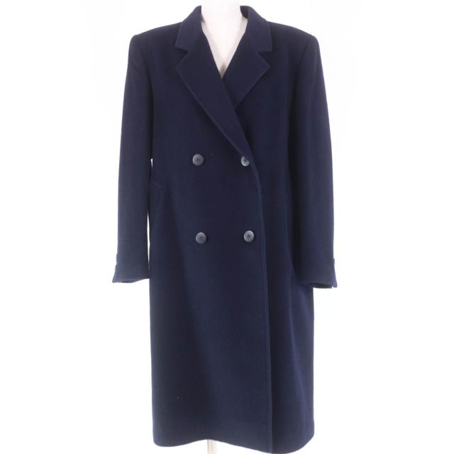 美品☆Herno ヘルノ ヴィンテージ ウール カシミヤ 裏地シルク100％ ダブルブレスト コート ダークネイビー 42 イタリア製 レディース