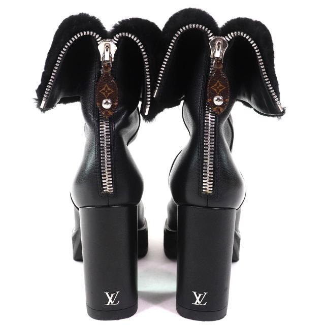 美品△LOUIS VUITTON ルイヴィトン ボブールライン LVロゴ バックジップデザイン ムートン 2WAY アンクルブーツ ショートブーツ 黒 36.5_4