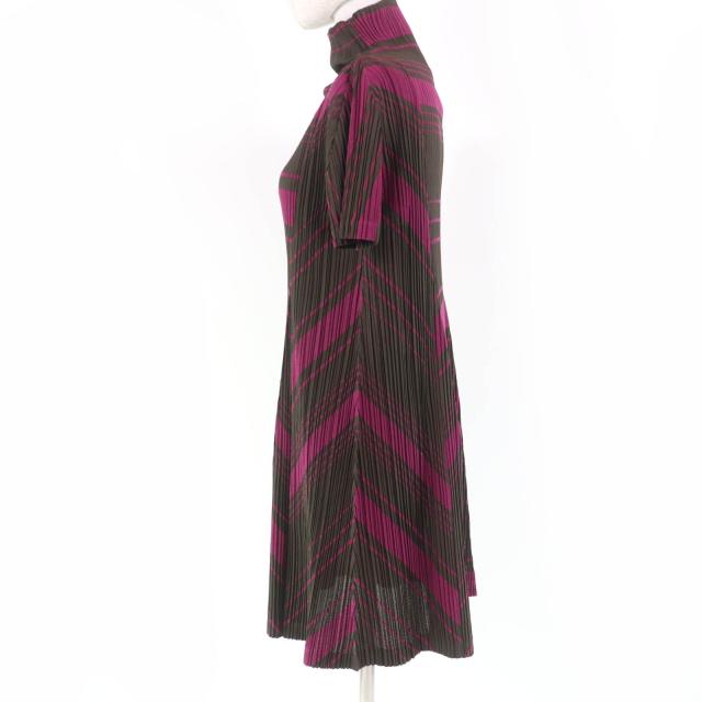 美品☆PLEATS PLEASE プリーツプリーズ イッセイミヤケ PP93-JK676 ハイネック 半袖 ワンピース ブラウン パープル 3 正規品 レディース_1