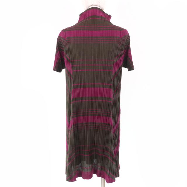 美品☆PLEATS PLEASE プリーツプリーズ イッセイミヤケ PP93-JK676 ハイネック 半袖 ワンピース ブラウン パープル 3 正規品 レディース_2