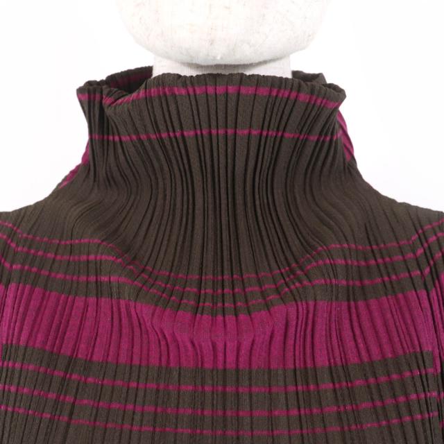 美品☆PLEATS PLEASE プリーツプリーズ イッセイミヤケ PP93-JK676 ハイネック 半袖 ワンピース ブラウン パープル 3 正規品 レディース_3