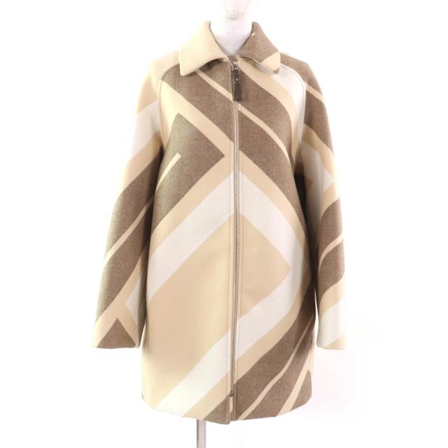 極美品★HERMES エルメス 22AW 2H0133DI ウール シルク混 レザーZIP ラグランスリーブ モザイク コート ベージュ ブラウン 36 レディース