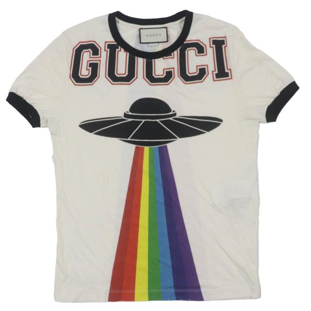 美品▼GUCCI グッチ 476035 ヴィンテージ加工 UFO ドラゴン刺繍 プリント ショートスリーブ 半袖Ｔシャツ ホワイト XS 正規品 メンズ