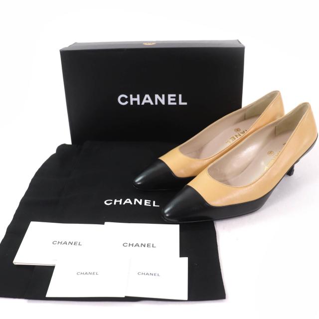 ヴィンテージ CHANEL ブラック/ベージュ パンプス おまけ付き CHANELシャネル ベージュ ブラック エナメル ココマーク バイ