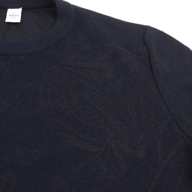 美品○BERLUTI ベルルッティ R24KRL150YWCC シルク35% カリグラフィ クルーネック セーター ニット ネイビー系 M 伊製 正規品 メンズ