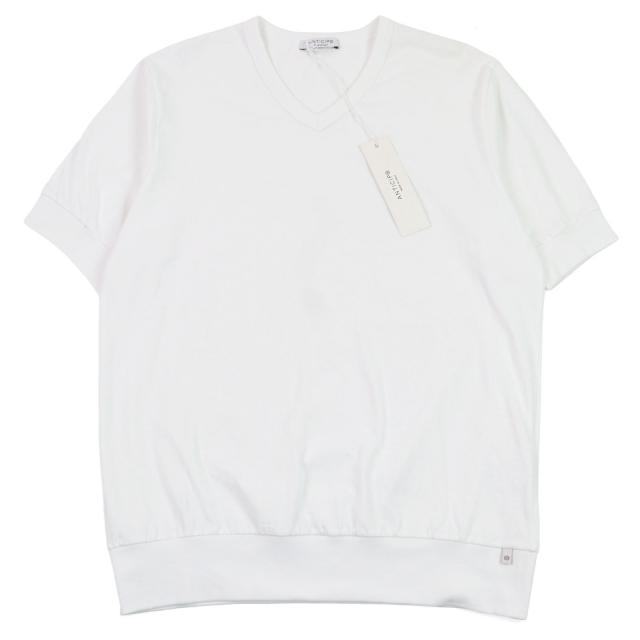 未使用品○ANTICIPO アンティーチポ INZOLIA インツォリア ロゴタグ付き スムースコットン Vネック リブ切替 半袖Ｔシャツ 白 44 正規品