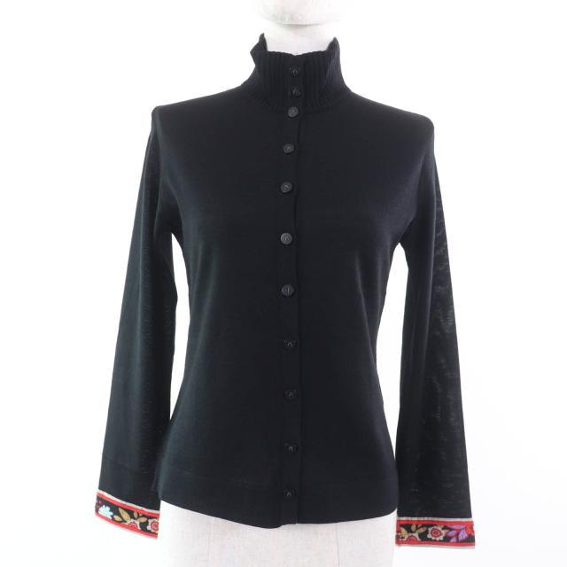 美品☆LEONARD FASHION レオナール ファッション ウール シルク混 長袖 ニット カーディガン ブラック M 日本製 正規品 レディース