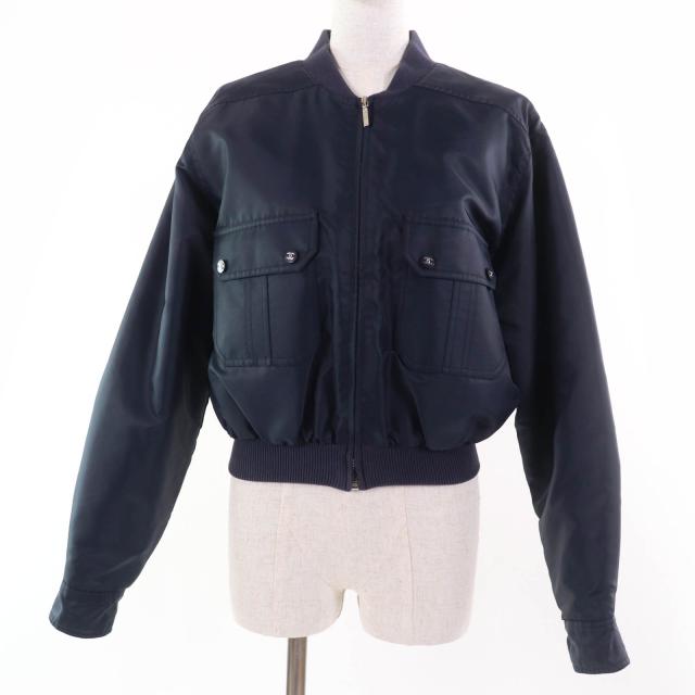 美品☆CHANEL シャネル ヴィンテージ 1997年製 C97 PO8882V04726 ココマークボタン ZIP UP ブルゾン ネイビー 38 フランス製 レディース