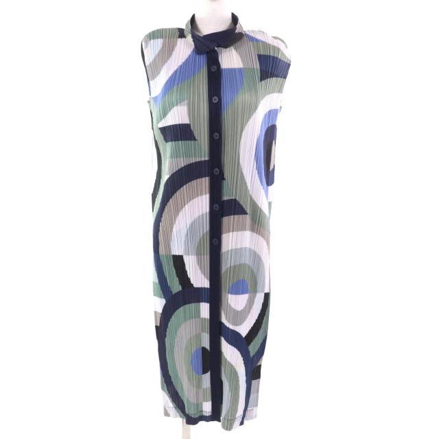 極美品★PLEATS PLEASE プリーツプリーズ イッセイミヤケ PP83-JE743 総柄 ノースリーブ ロング丈 シャツ ワンピース チュニック 2
